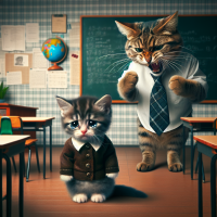 A sad little kitten in a school uniform, with a distressed expression, is being scolded by an older kitten, also in school uniform, who looks angry. The scene takes place in a well-maintained classroom, with a chalkboard at the front, rows of desks and chairs, and typical classroom supplies. The little kitten's face is full of sadness and fear, while the older kitten glares, pointing at the younger one, creating an oppressive, intimidating atmosphere. The classroom is quiet, but the tension in the air feels heavy, making the little kitten appear small and vulnerable in the face of the angry reprimand. The overall mood is tense and unsettling for the little kitten, highlighting the emotional weight of the moment.