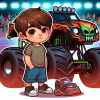 Cartoon photo, toddler boy, brown hair, brown eyes, standing next to el toro loco truck, monster jam high energy background