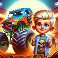 Cartoon photo, toddler boy, blond hair, bright blue eyes, standing next to grave digger truck, monster jam high energy background, wearing monster jam shirt