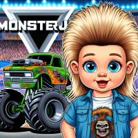 Cartoon photo, toddler boy, mullet, blond hair, bright blue eyes, standing next to grave digger truck, monster jam high energy background, wearing monster jam shirt