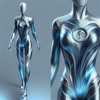 make me a superhero suit for a woman, A sleek, ocean-inspired design, with silver-blue fabric that shimmers like moving water. A symbolic anchor emblem on her chest.