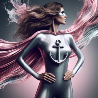 make me a superhero suit for a woman, A sleek, ocean-inspired design, with silver-pink fabric that shimmers like moving water. A symbolic anchor emblem on her chest.