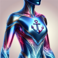 make me a superhero suit for a woman, a sleek, ocean-inspired design, with blue and pink fabric that shimmers like moving water. A symbolic small anchor emblem on her chest.