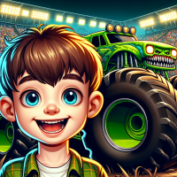  Create a cartoon image of a 3 year old boy with brown hair and blue eyes at a Monster Jam Stadium with Grave Digger in the background. make it bold and colorful