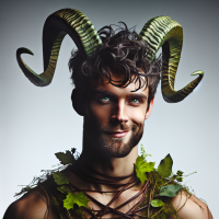 Generate a picture of Pan smiling with a sly grin, His hair was short, dark, with a slight shade of green, like deciduous branches swaying in the wind. There were horns on his head - curved and refined, His eyes with green colour. His face was adorned with a sly smile. His legs were covered with goat skin, and the upper part of his body was muscular.He wore only leather ribbons intertwined over his chest and waist, decorated with leaves and flowers 