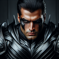 His figure very strong and very muscular, he had black eyes full of concentration and there was a little anger in them, he was wearing black armour. His face was with strong cheekbones. His hair, black, slicked back perfectly matched his image.